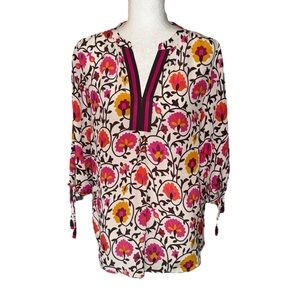 Rungolee Silk Floral Print Tie Sleeve Tassel Tunic Top Blouse - S